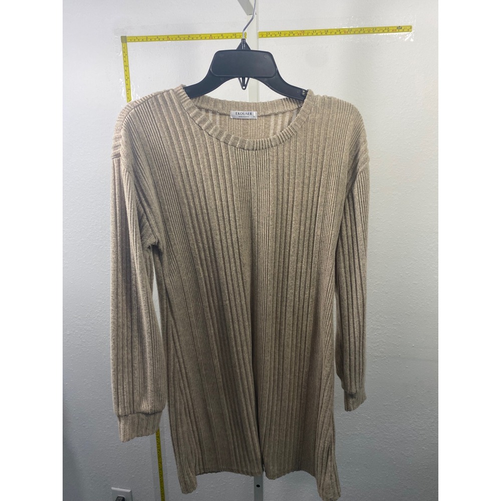 Ekouaer Tan Beige Ribbed Knit Longβ Sleeve Tunic Top Crew Neck Pullover Womens M